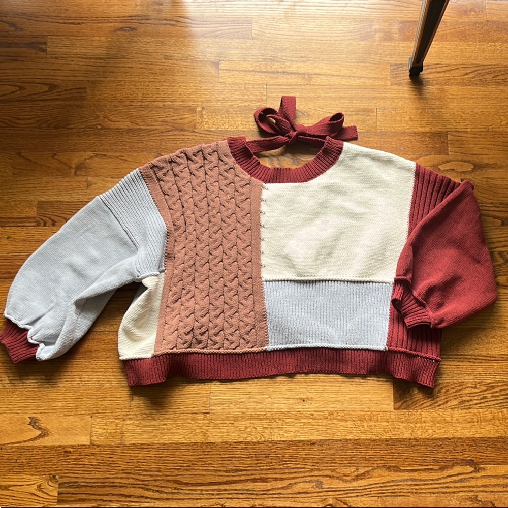 POL Cream and Brown Crew Neck Sweater with Textured Knit
